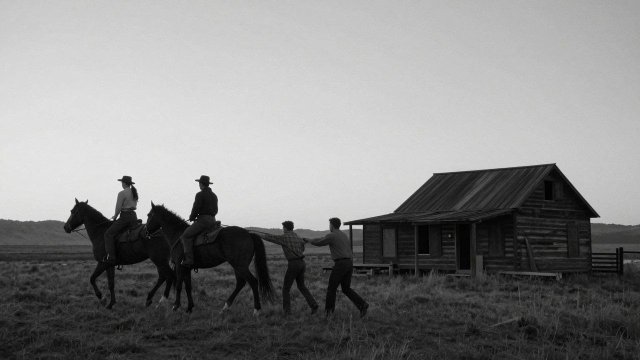 A posse on horseback dragging two figures from a cabin at dawn in the Wyoming wilderness.