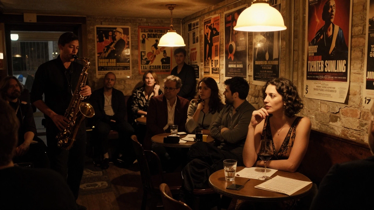 A quiet jazz club in Paris at night, with soft lighting and a woman listening intently to live music among intimate patrons.