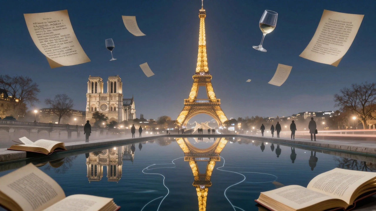 A surreal reflection of Paris landmarks in a water silhouette, surrounded by books and wine glasses, symbolizing deep human connection.